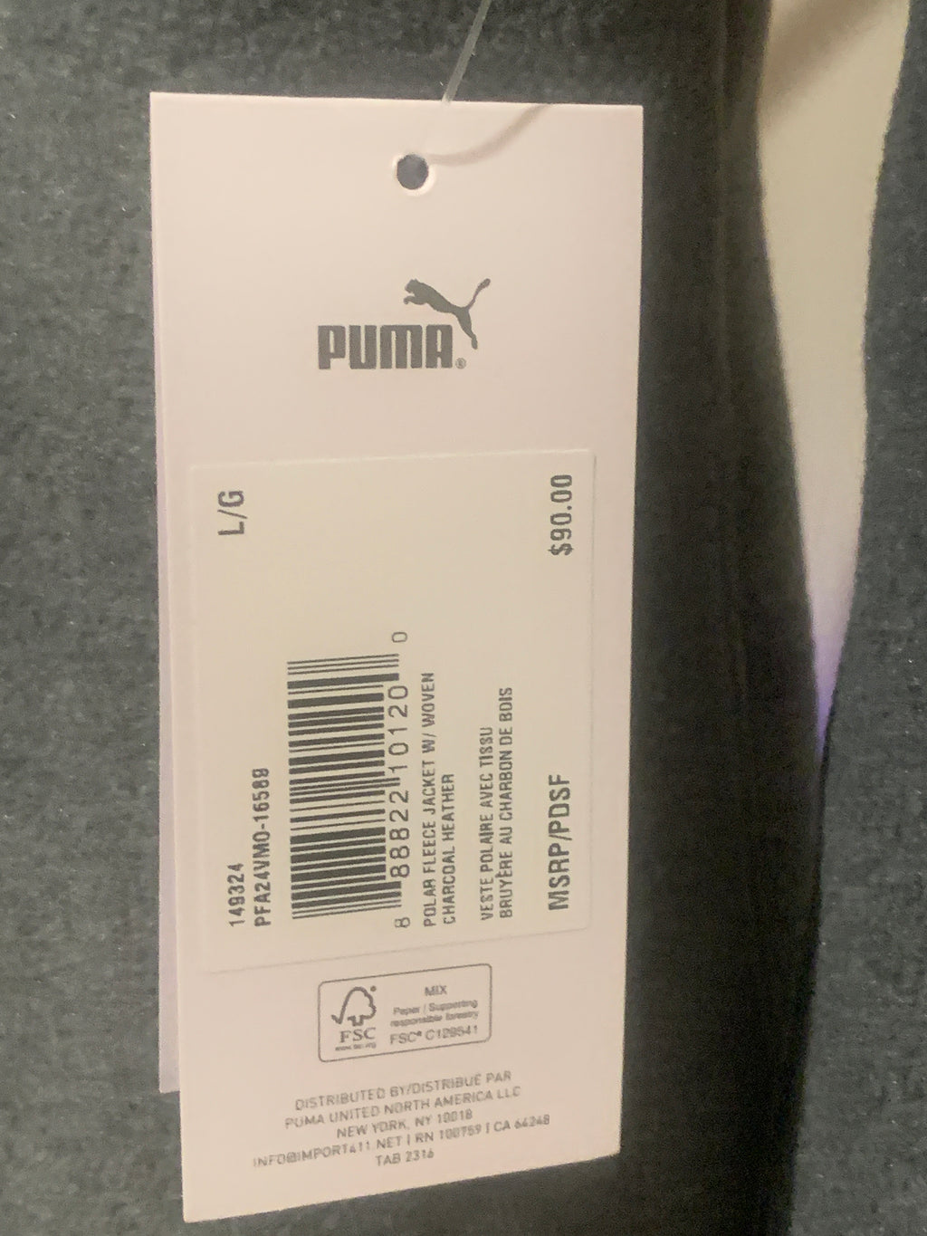 New Men’s Large Puma Fleece Zip Up Jacket